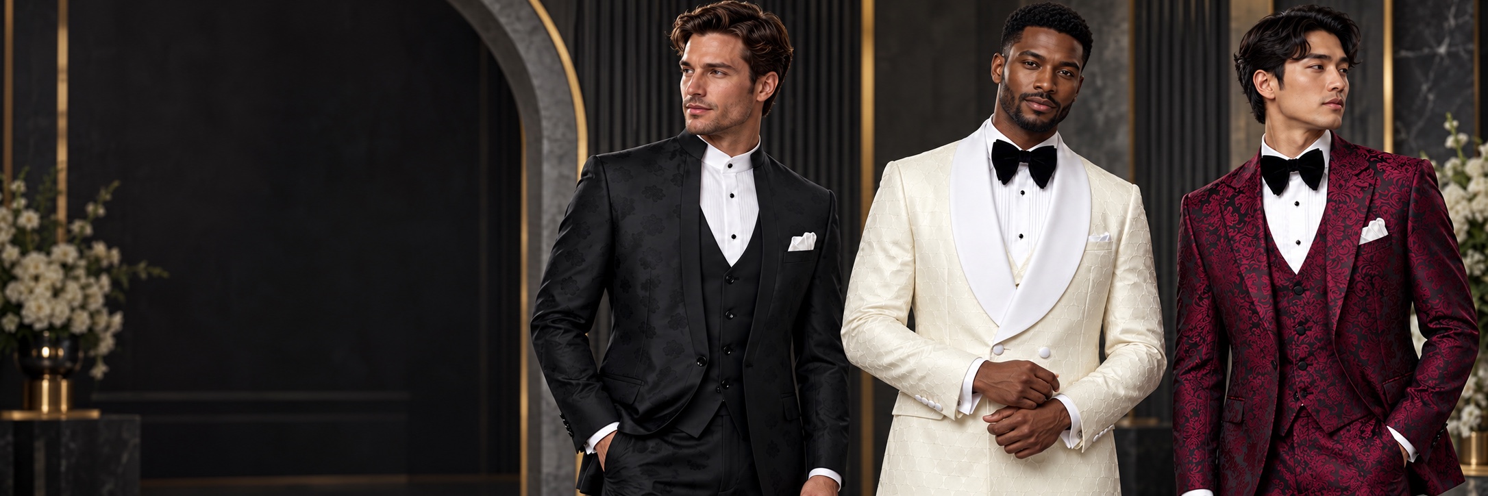 Designer Wedding Suits & Groom Tuxedos — Black Floral Mandarin, Cream Circular Jacquard and Burgundy Damask from Gentlemansguru.com Three men wearing designer wedding suits and groom tuxedos in black floral mandarin collar, cream circular jacquard and burgundy damask designs from Gentlemansguru.com