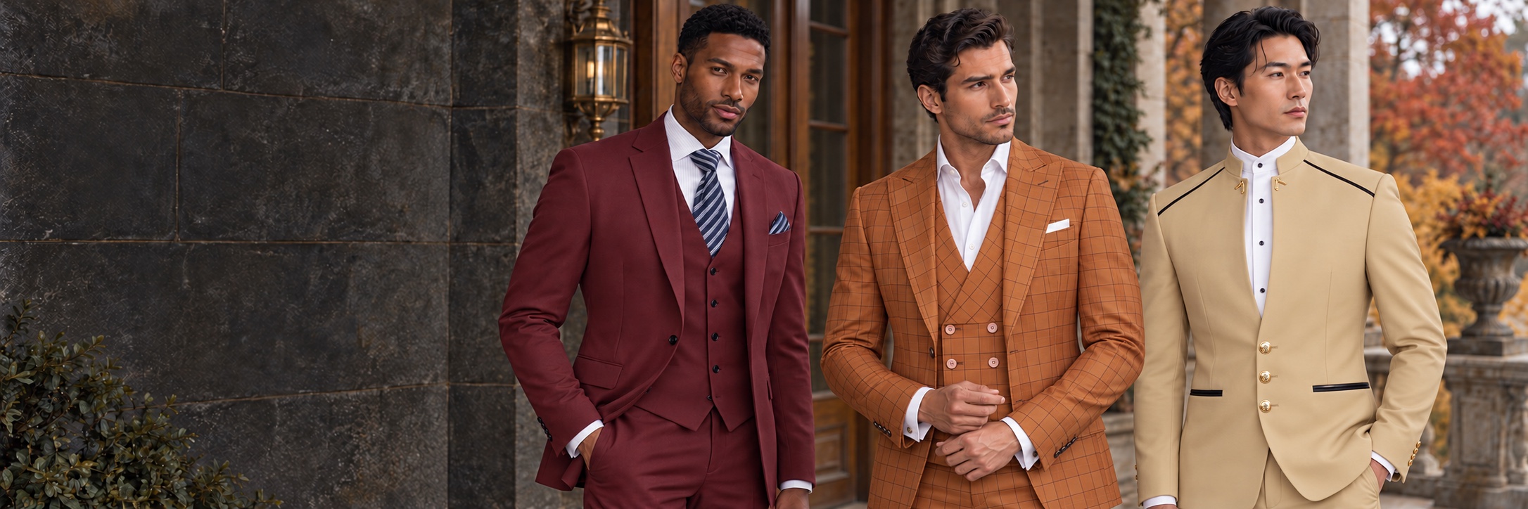 Fall Wedding Suits — Burgundy, Burnt Orange Windowpane and Champagne Mandarin Collar from Gentlemansguru.com Three men wearing burgundy, burnt-orange windowpane and champagne Mandarin collar fall wedding suits on an autumn estate terrace from Gentlemansguru.com