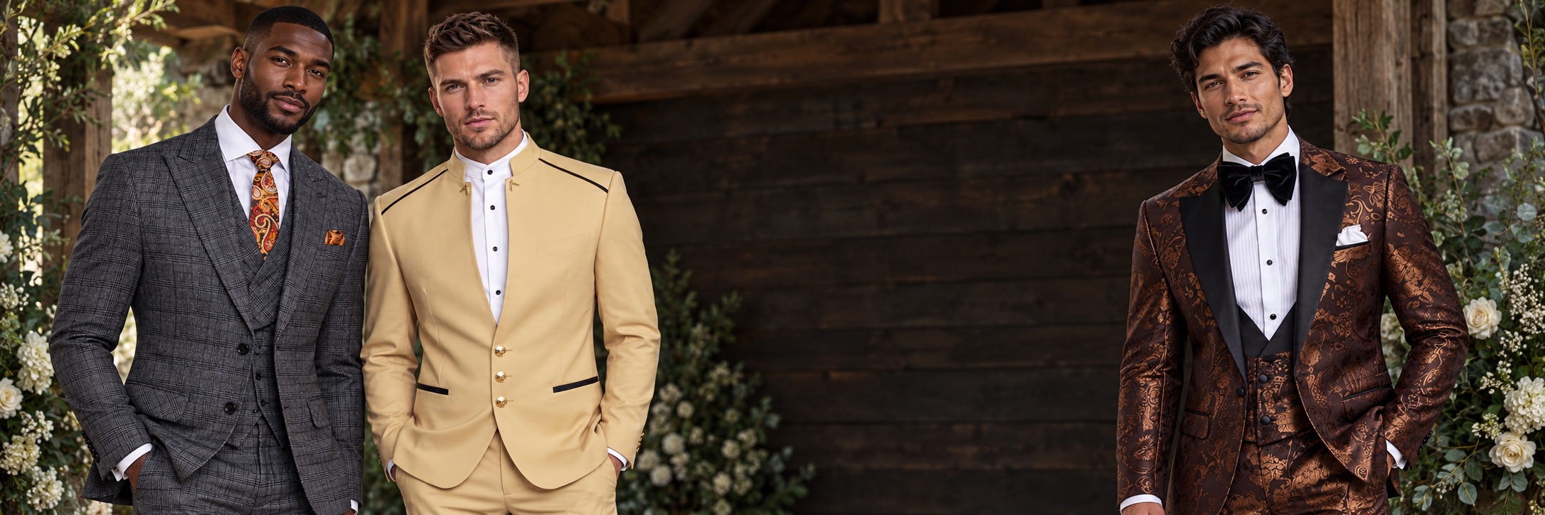 Three men wearing rustic wedding suits and groom tuxedos in grey plaid, champagne mandarin collar and chocolate brown floral designs from Gentlemansguru.com