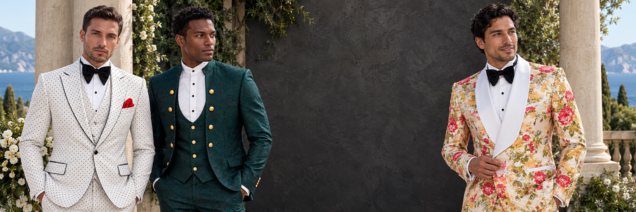 Summer Wedding Suits & Tuxedos — White Polka Dot, Dark Teal Mandarin and Peach Floral from Gentlemansguru.com Three men in white polka dot and dark teal Mandarin collar summer wedding suits and a peach floral tuxedo on a coastal terrace from Gentlemansguru.com