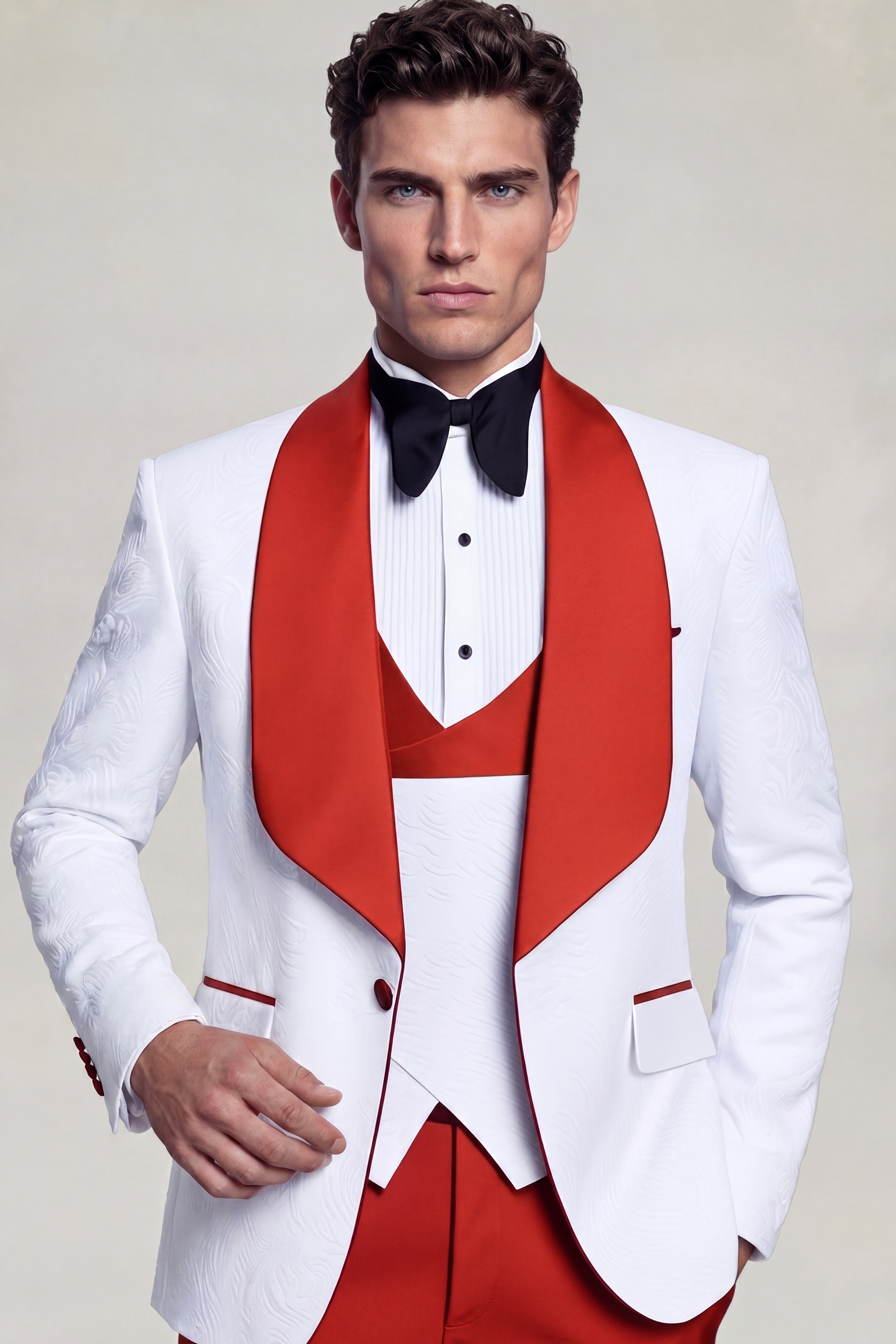 Floral Red & White Tuxedo - 3 Piece