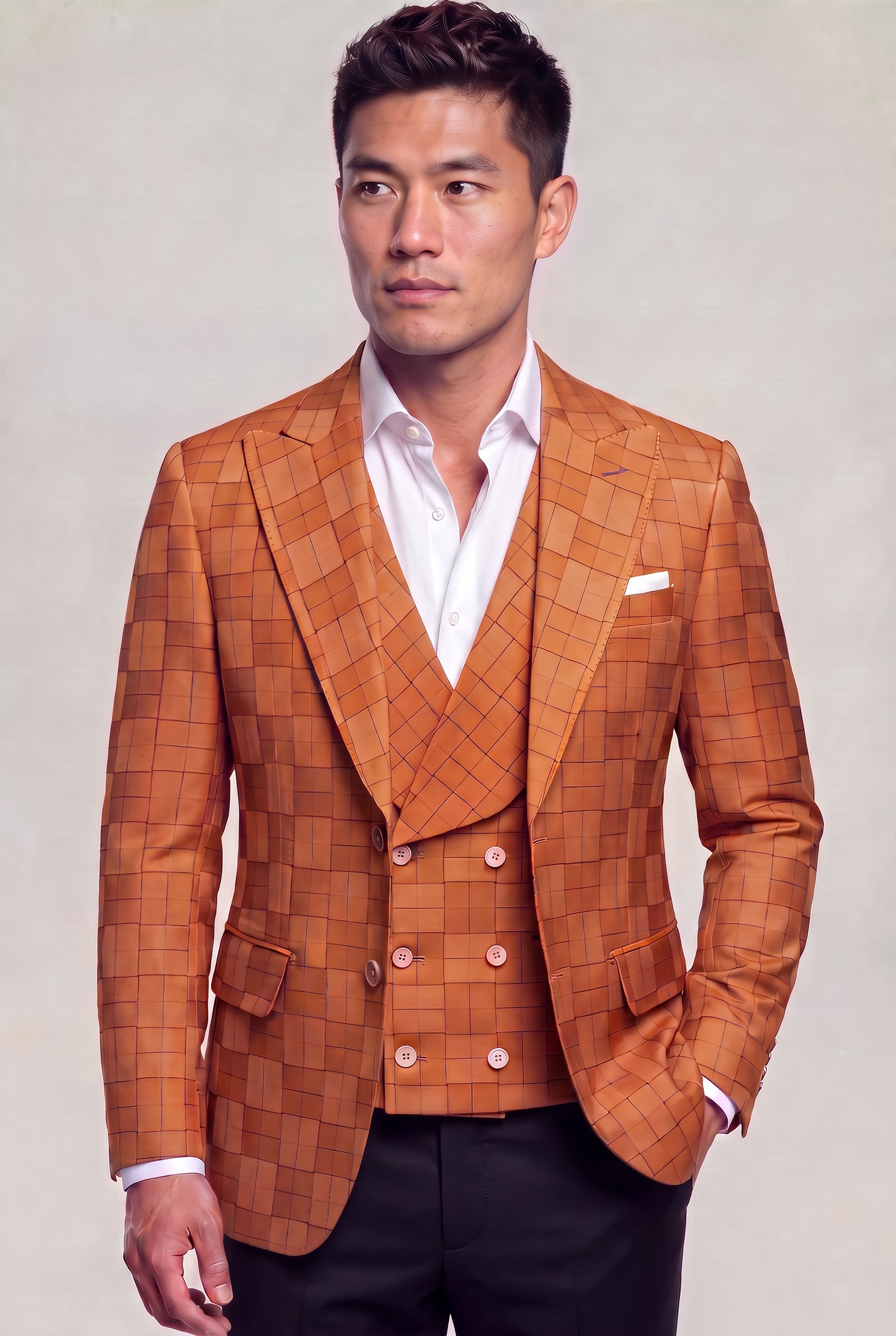 Burnt orange windowpane jacket and matching vest with black trousers