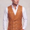 Six-button burnt orange windowpane vest with matching-fabric shawl lapels