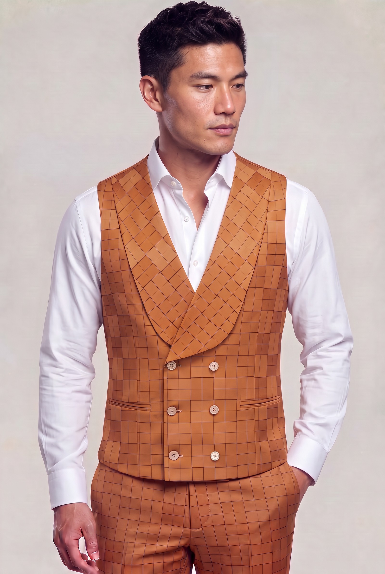 Six-button burnt orange windowpane vest with matching-fabric shawl lapels