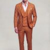Full-length burnt orange windowpane three-piece wedding suit