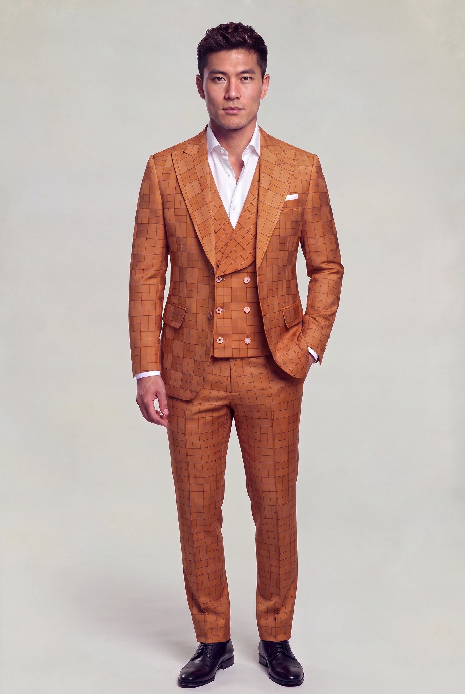 Full-length burnt orange windowpane three-piece wedding suit