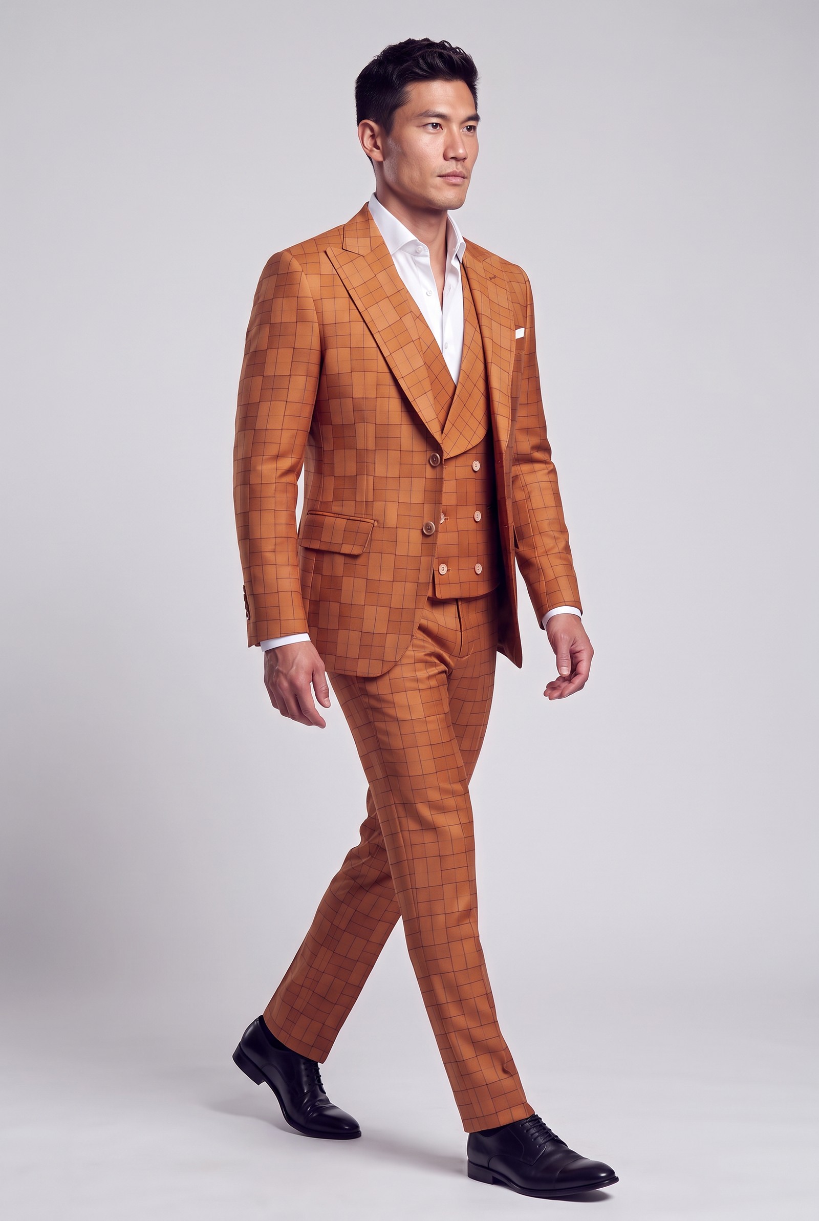 Burnt orange windowpane three-piece suit in a side-walking pose