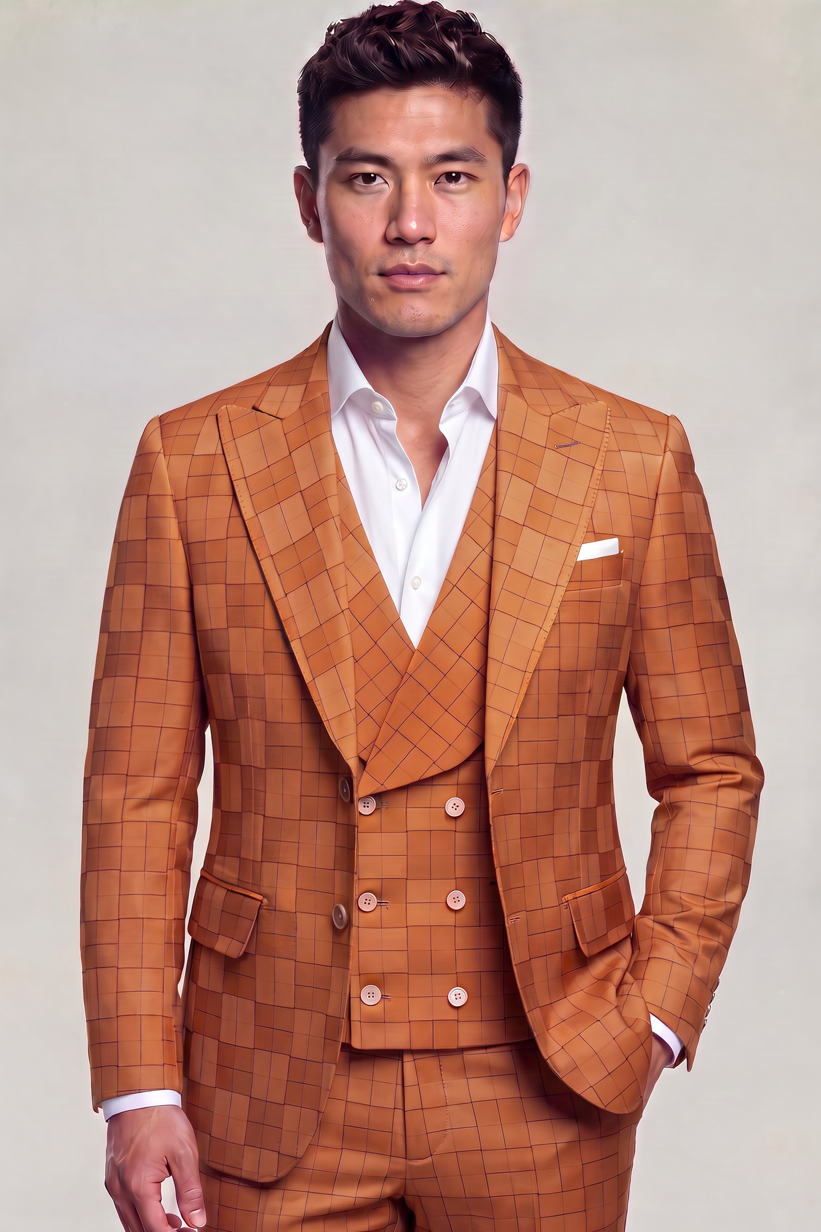 Burnt orange windowpane three-piece suit with peak lapels and open white shirt