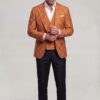 Full-body burnt orange windowpane jacket and vest with black dress trousers
