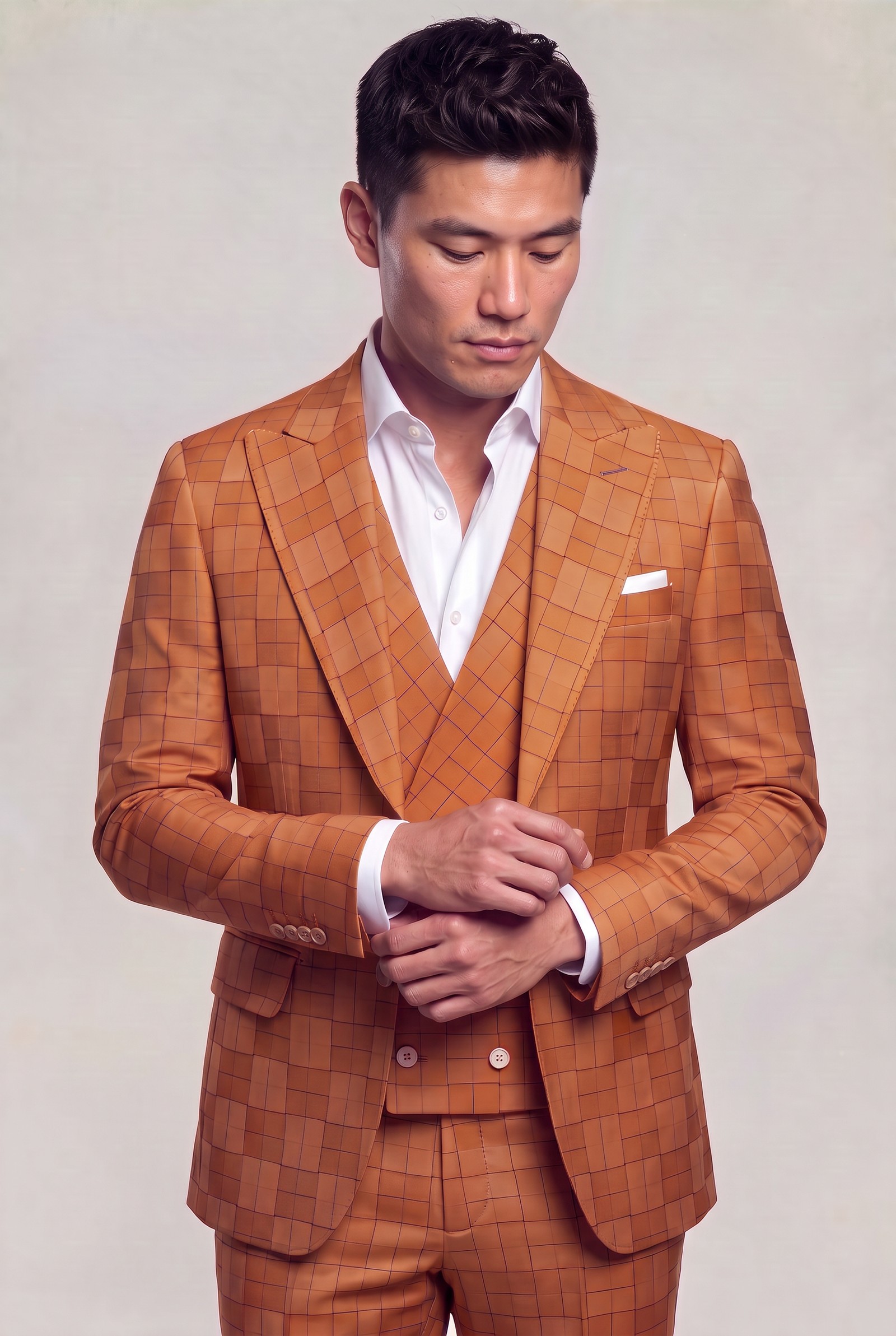 Copper orange windowpane suit in a cuff-adjusting pose