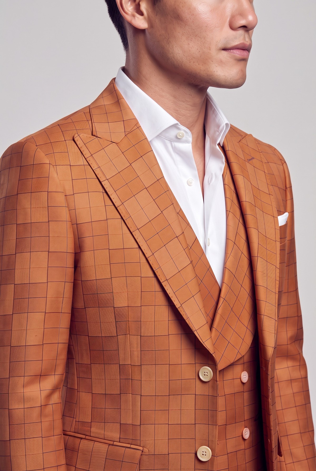 Close-up of burnt orange windowpane peak lapel and white pocket square