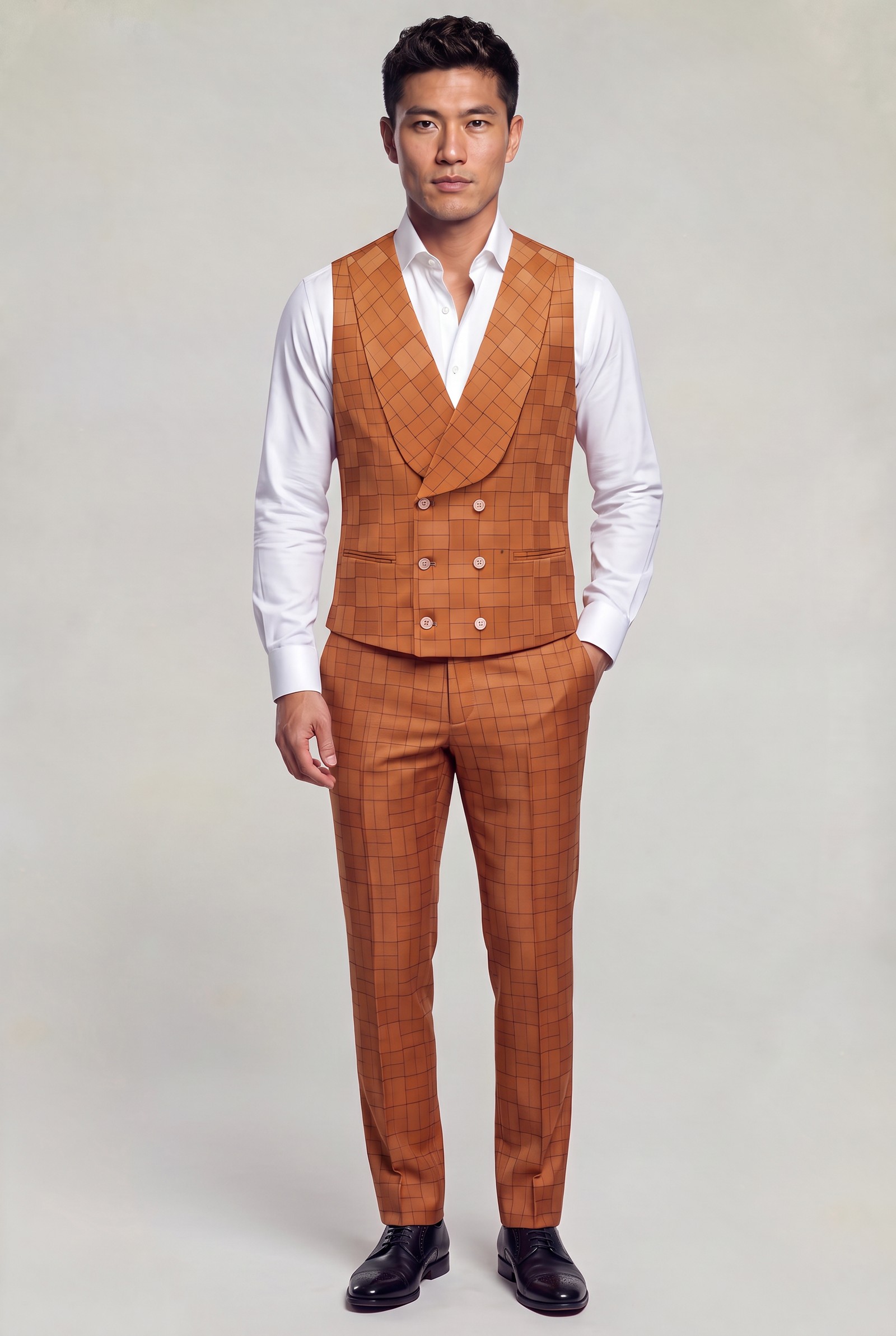 Full-body burnt orange windowpane vest with matching trousers