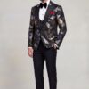 Full-length Asian floral tuxedo with solid black trousers and dress shoes