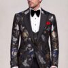 Asian floral tuxedo jacket with solid black trousers, jacket-length portrait