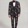 Full-length Asian floral three-piece tuxedo with matching patterned trousers