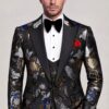 Asian floral tuxedo with broad peak lapels and matching patterned trousers