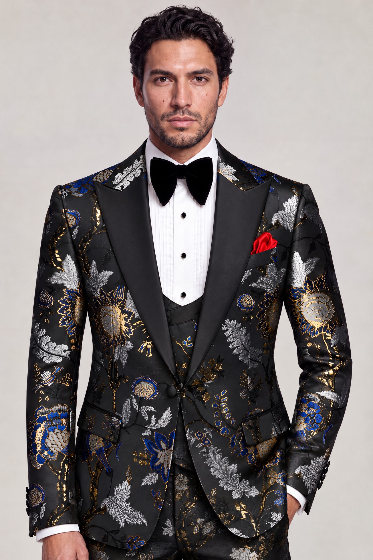 Asian floral tuxedo with broad peak lapels and matching patterned trousers
