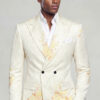 Cream floral double breasted jacket styled with solid black trousers and a white dress shirt from Gentleman’s Guru