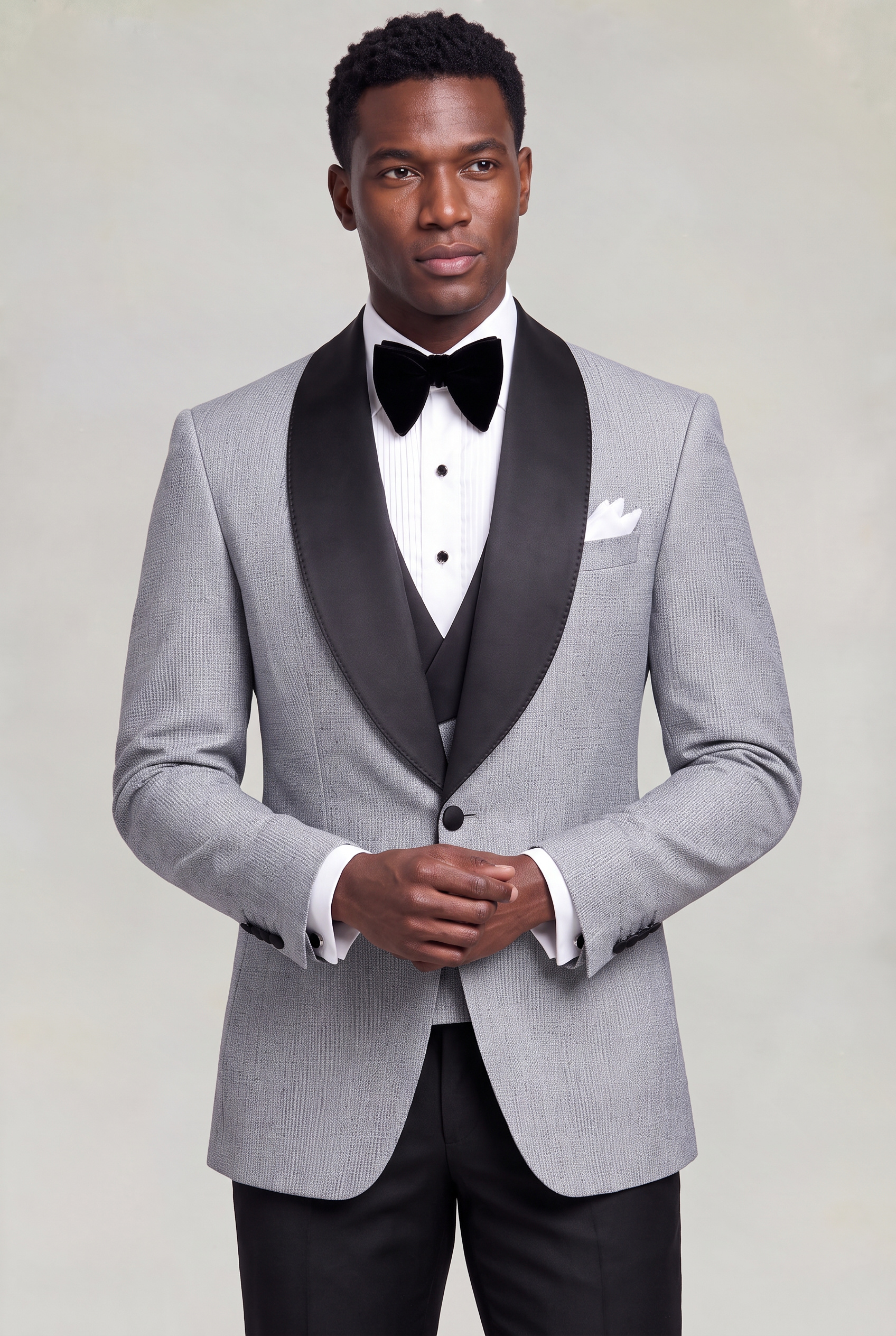 Grey Tweed Tuxedo Black Trousers Cuff Styling Portrait from Gentlemansguru.com