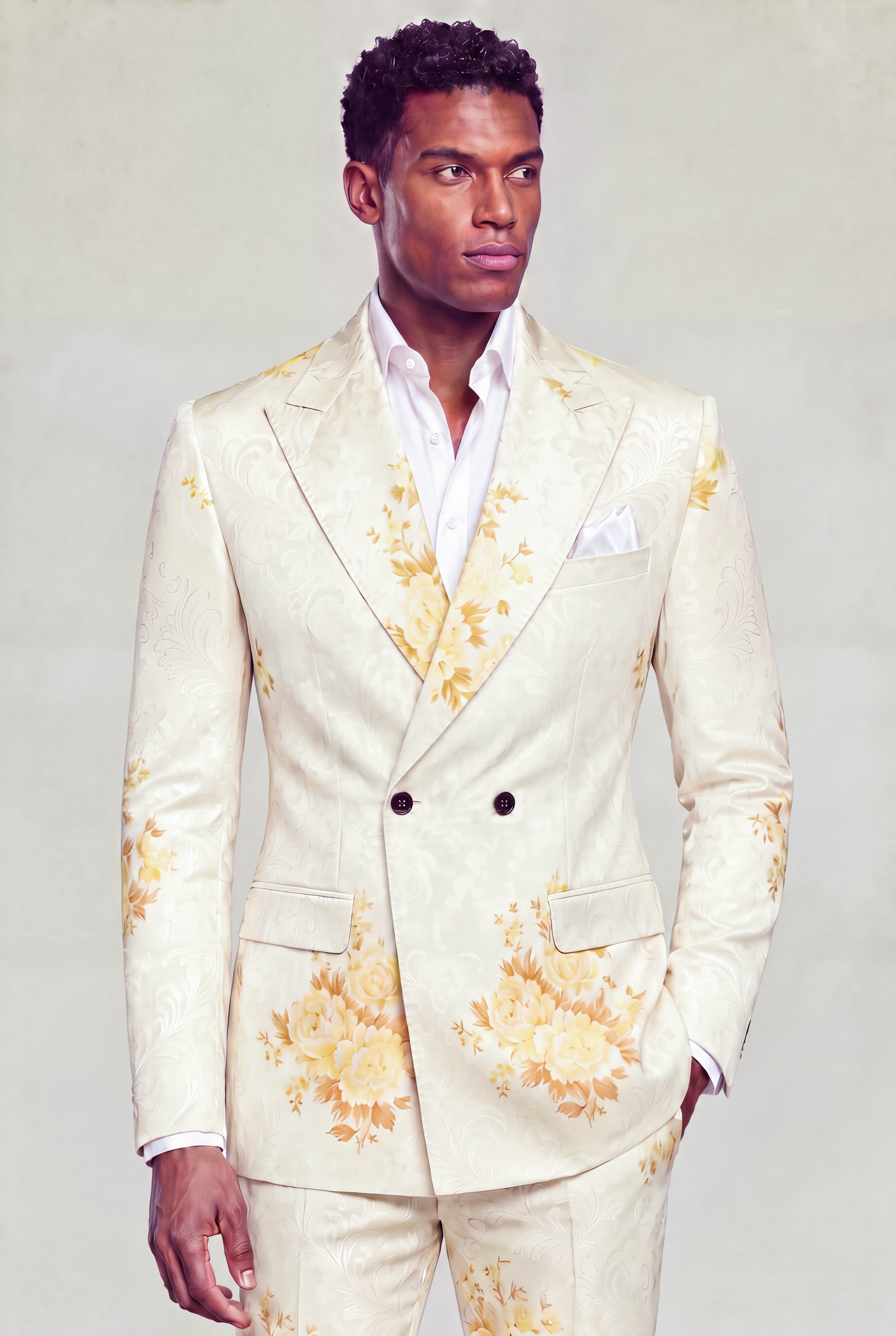 Men’s cream floral double breasted suit with matching trousers, peak lapels and an open-collar white shirt from Gentleman’s Guru