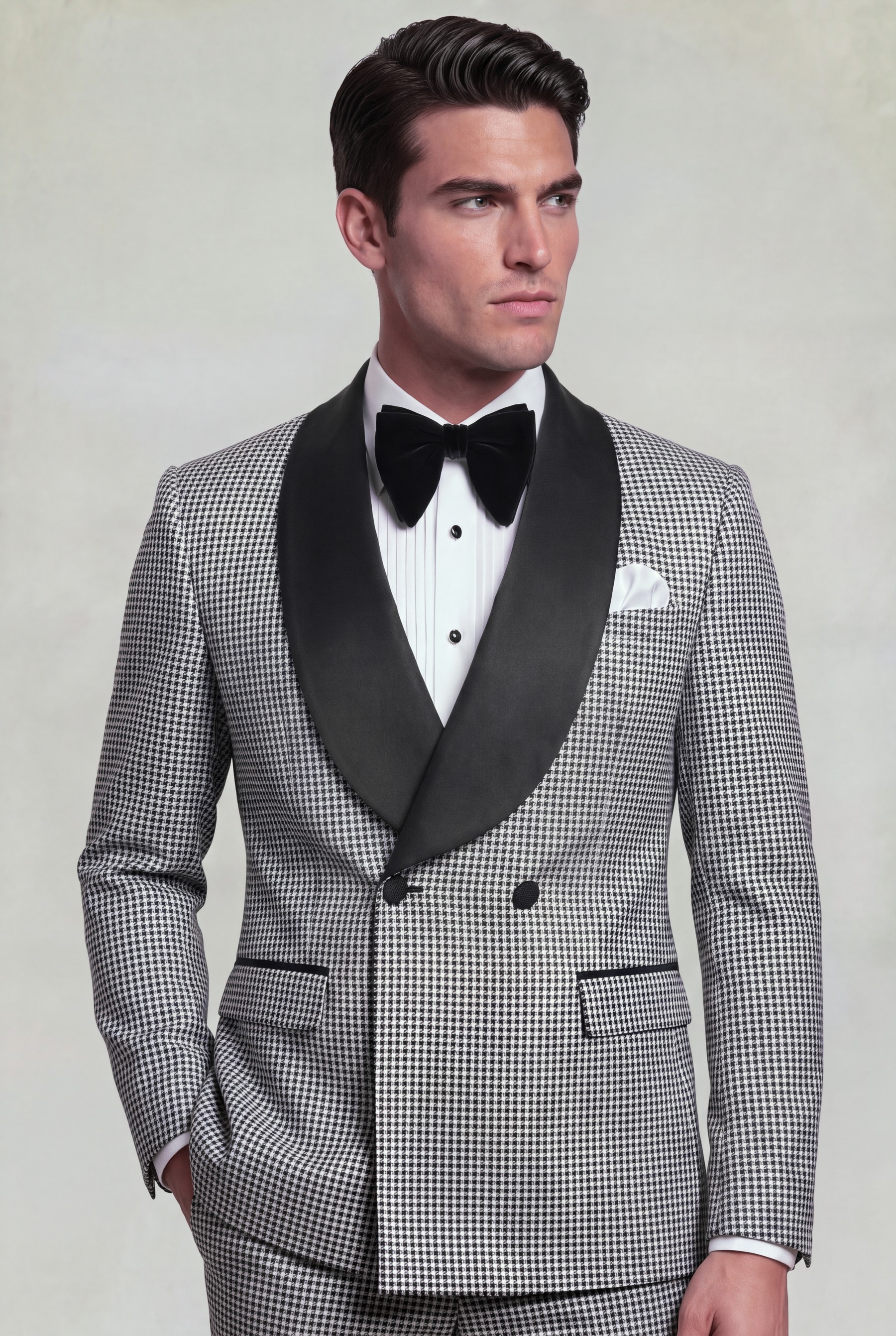 Grey houndstooth tuxedo with wide black shawl lapels and matching trousers, jacket-length view