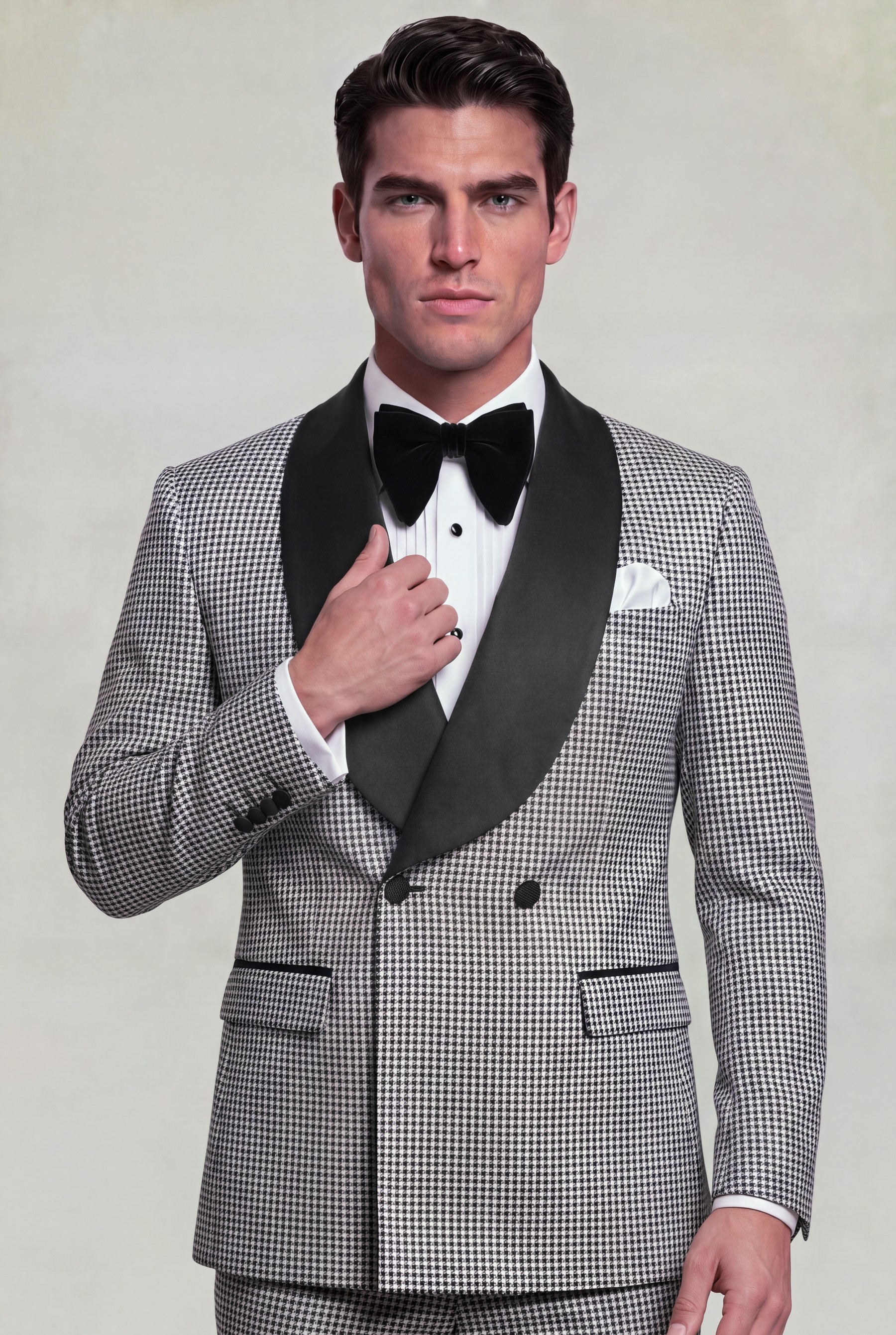Grey houndstooth double-breasted tuxedo with model holding the black satin lapel