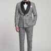 Full-length front view of grey houndstooth tuxedo with matching trousers