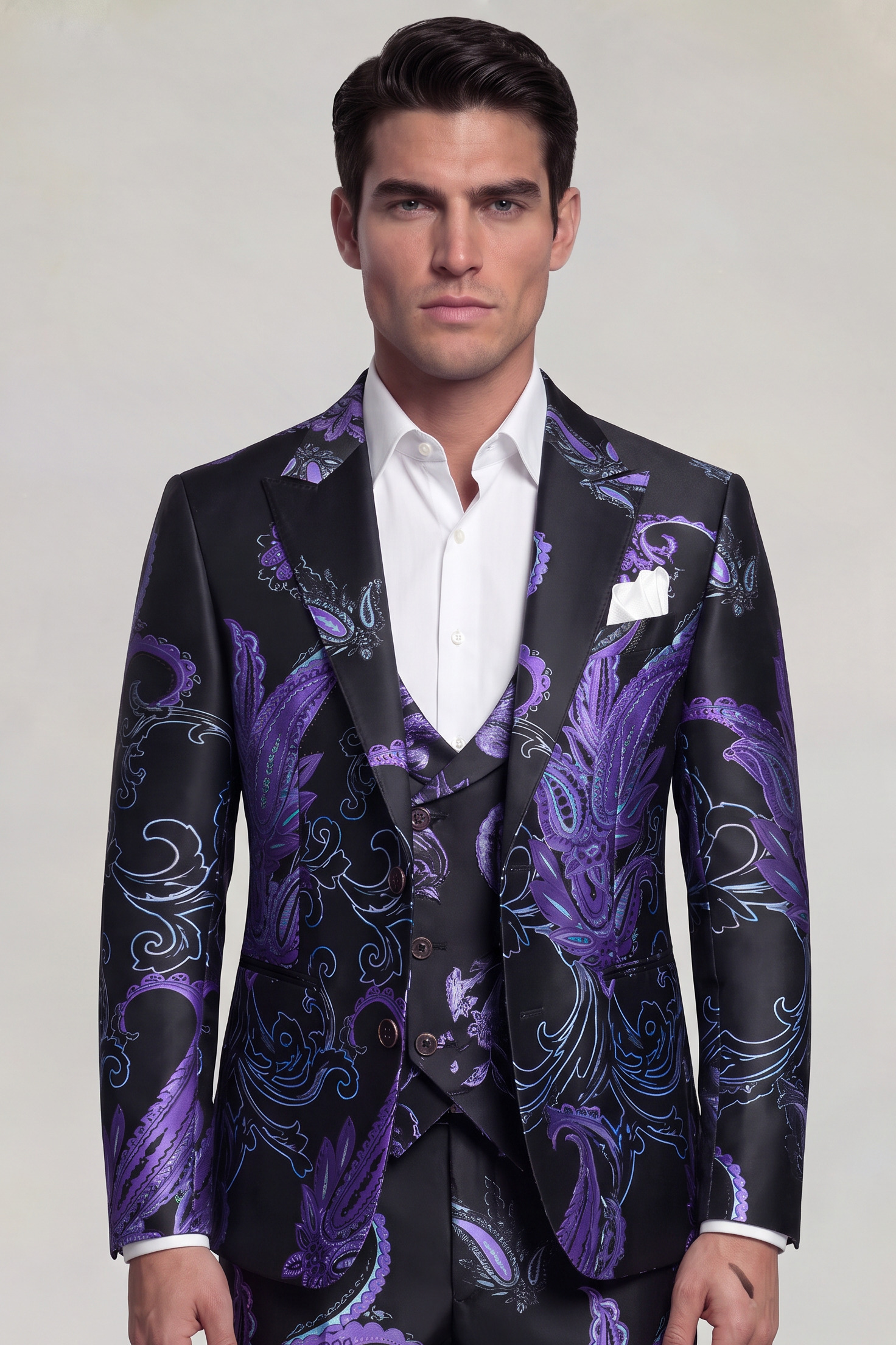 Front view of a purple and black paisley three-piece suit with matching trousers and an open-collar white shirt