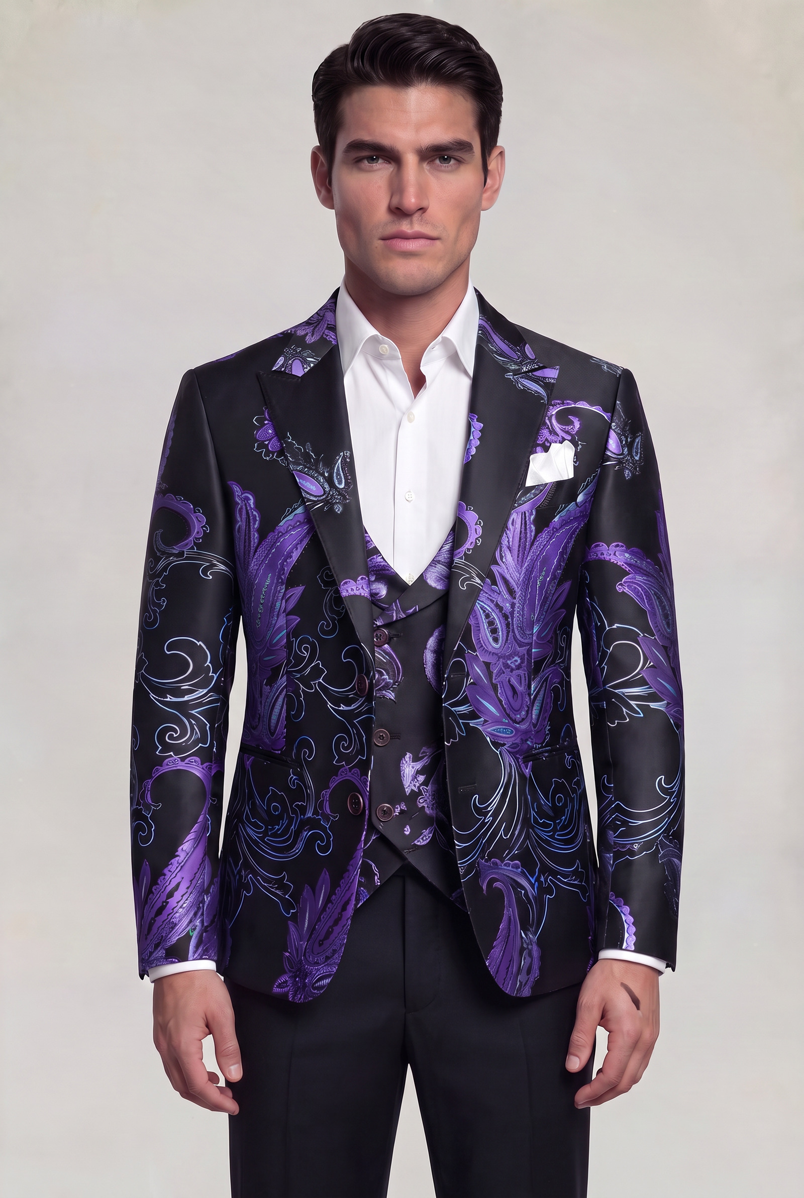Purple and black paisley jacket and matching vest styled with solid black trousers