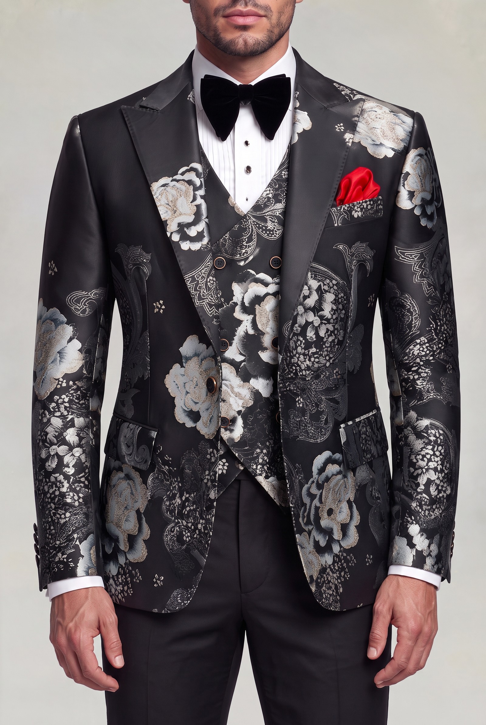 Black and silver floral suit jacket and six-button vest detail