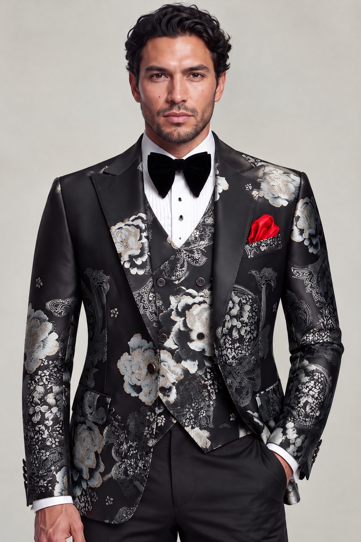 Black and silver suit with notched lapels, floral vest and bow tie