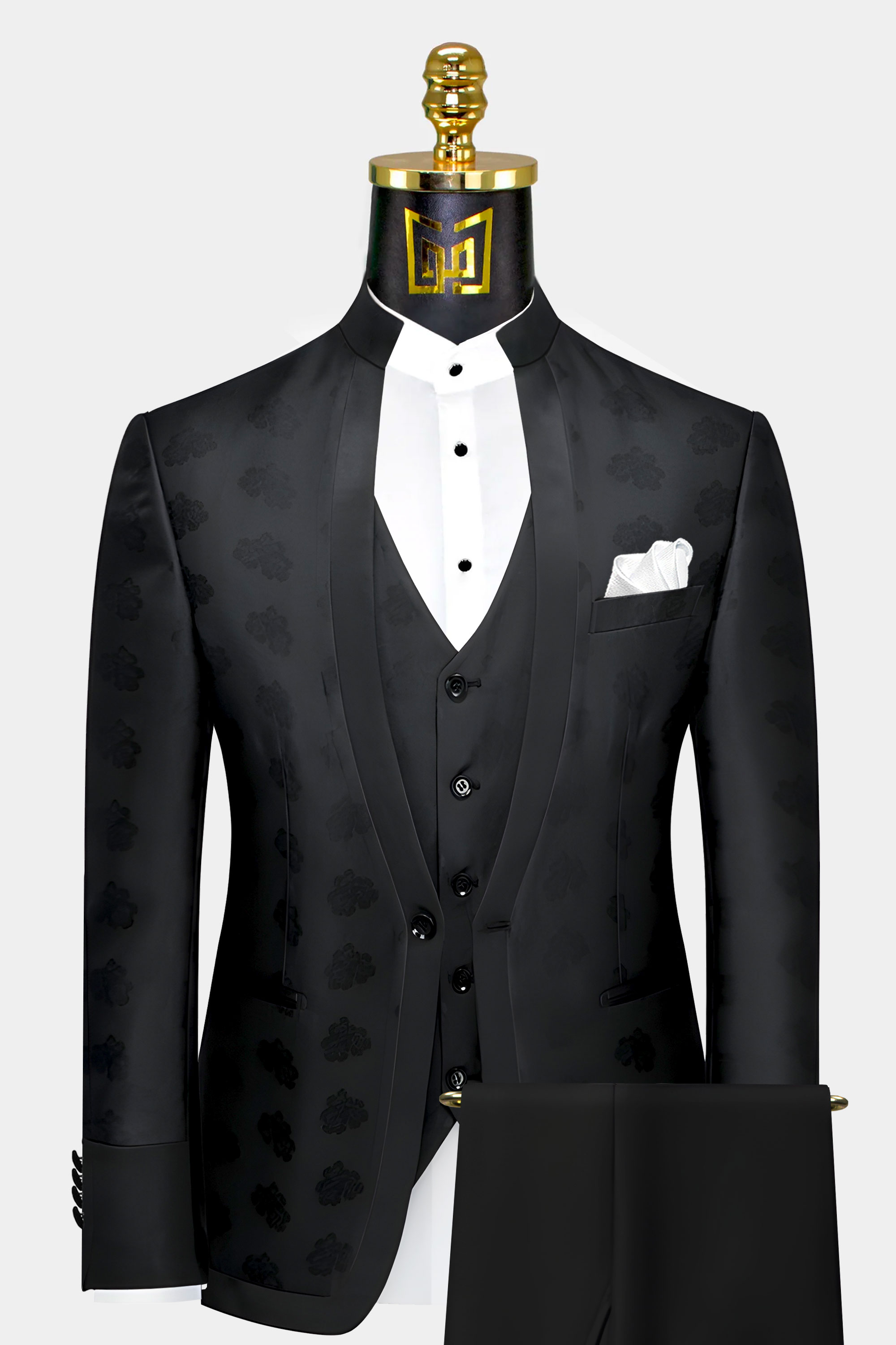 Black Floral Mandarin Collar Suit | Gentleman's Guru