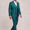 Full-length side walking view of a teal floral jacket, matching waistcoat and matching pants