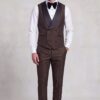 Full-body view of a chocolate brown six-button vest with matching brown trousers