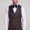 Dark brown double-breasted six-button vest with black satin shawl collar and matching trousers