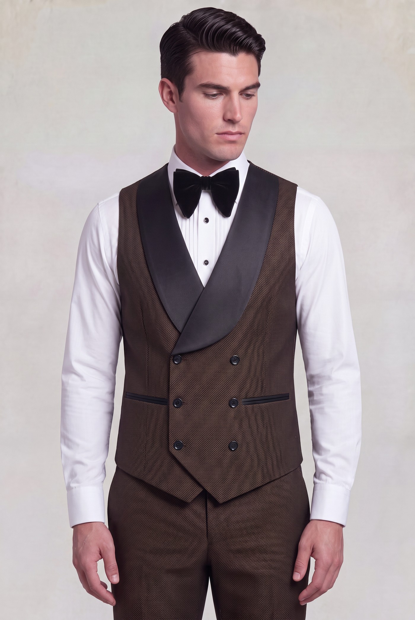 Dark brown double-breasted six-button vest with black satin shawl collar and matching trousers