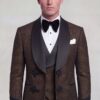 Dark chocolate brown three-piece diamond tuxedo with wide black satin shawl lapels and matching trousers