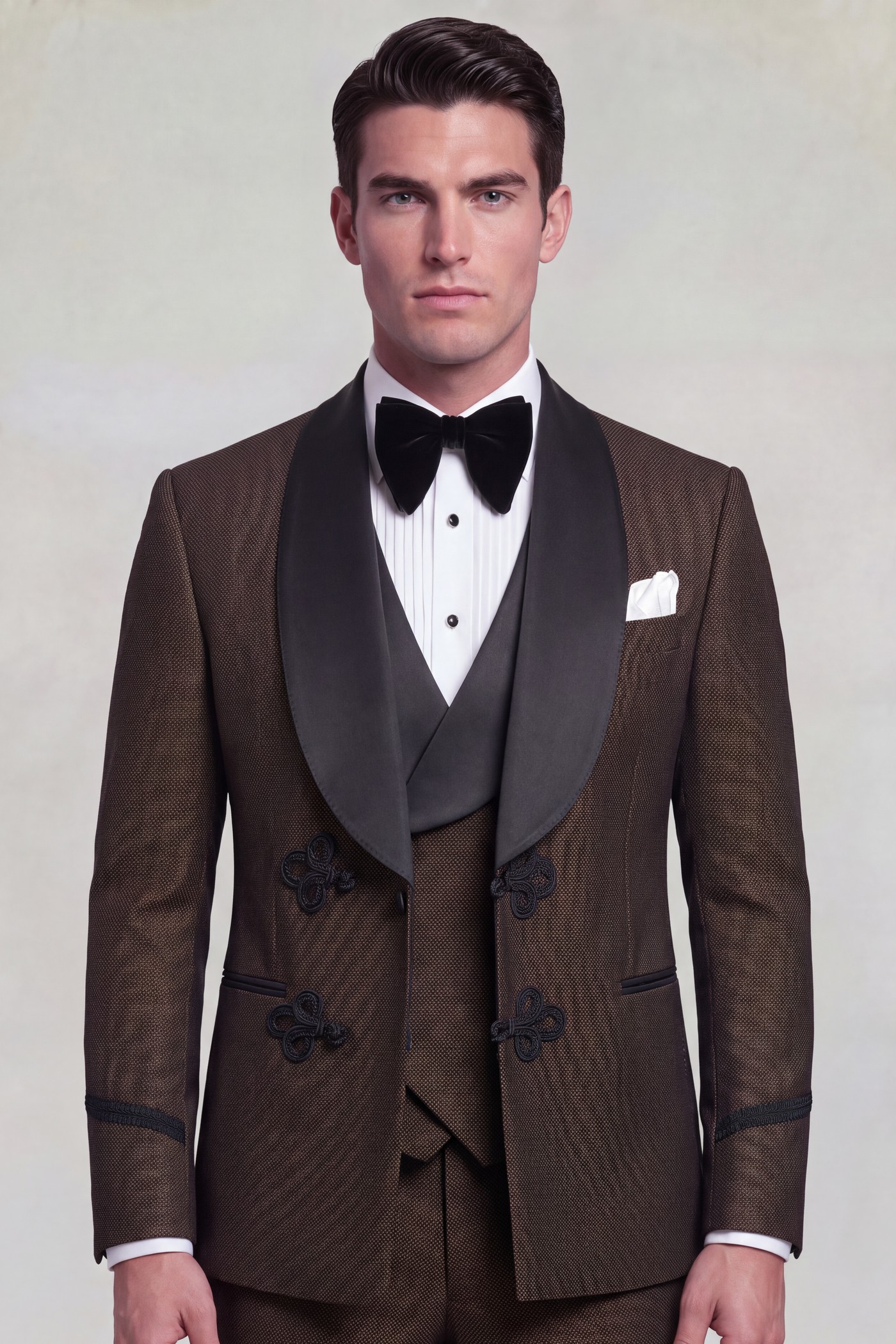 Dark chocolate brown three-piece diamond tuxedo with wide black satin shawl lapels and matching trousers