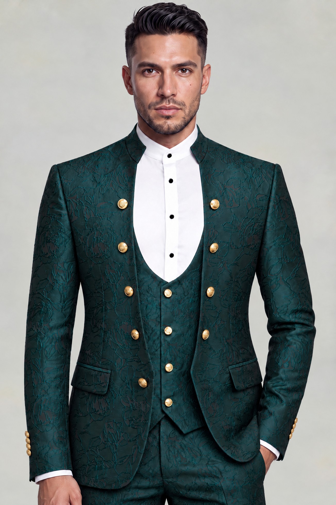 Dark teal mandarin collar three-piece suit with abstract fabric and gold buttons