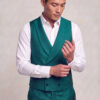 Jacket-length view of a teal floral six-button double-breasted waistcoat with matching trousers