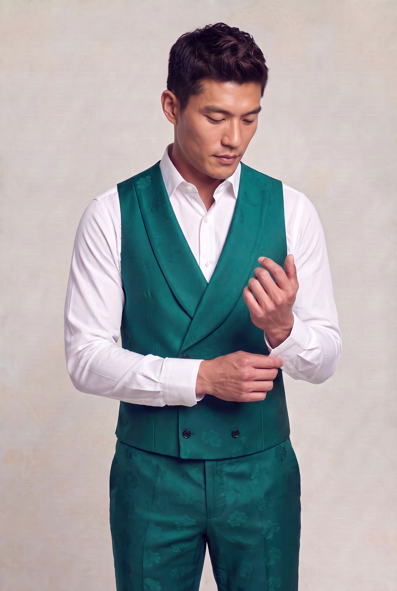 Jacket-length view of a teal floral six-button double-breasted waistcoat with matching trousers