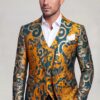 Gold and teal floral jacket and waistcoat with solid black trousers