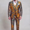 Full-body men’s gold floral three-piece wedding suit with matching trousers