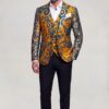Golden baroque floral jacket and waistcoat with solid black trousers, full length