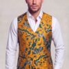 Gold and teal five-button floral waistcoat with an open-collar shirt