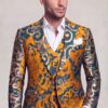 Golden baroque floral groom suit with matching trousers in a jacket-length portrait