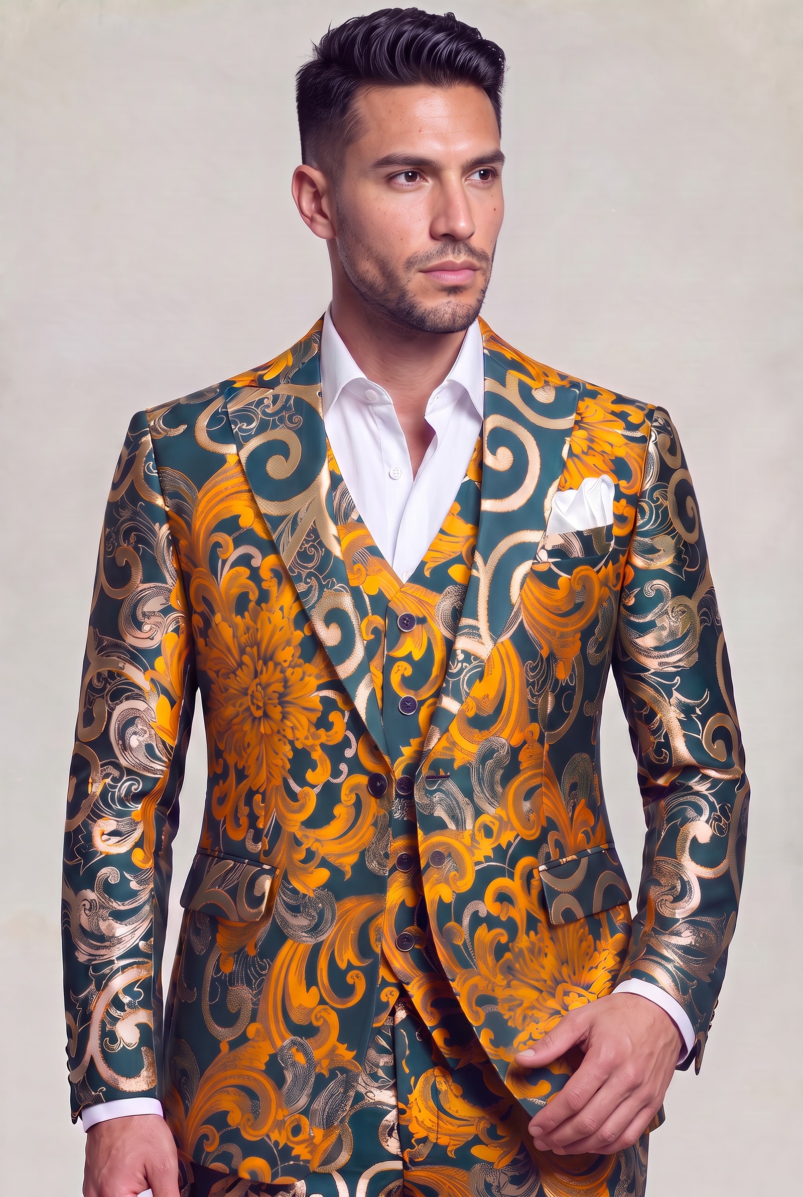 Golden baroque floral groom suit with matching trousers in a jacket-length portrait