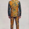 Full-length back view of a golden baroque floral suit with matching trousers
