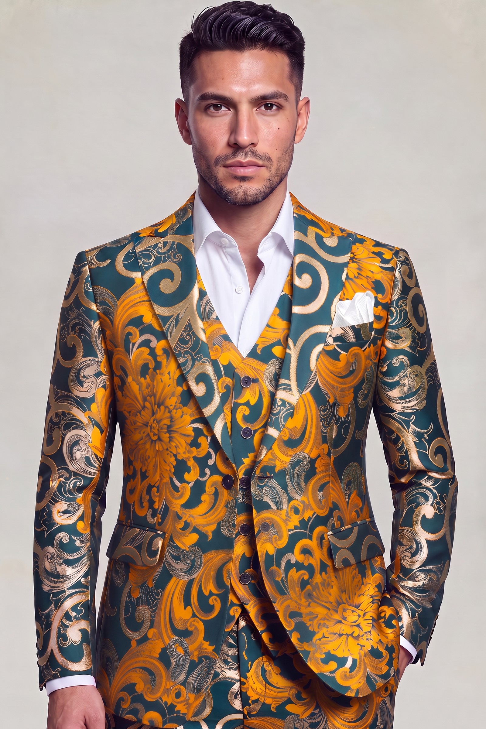Men’s gold floral three-piece suit with peak lapels and an open-collar shirt