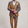 Gold floral prom suit with matching trousers in a natural movement pose